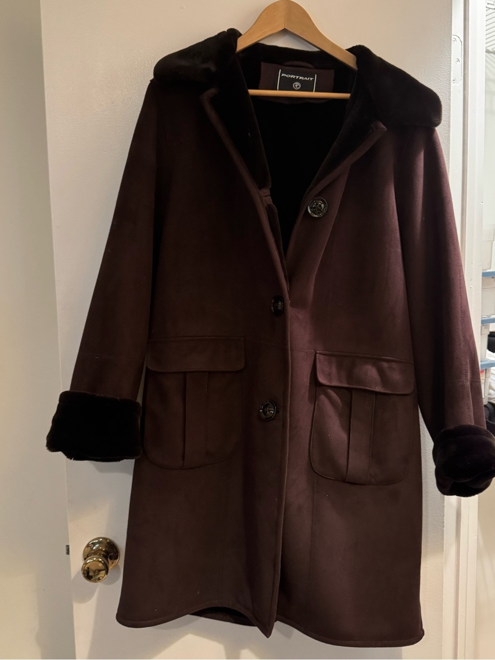 Classic Women's Dark Brown Coat with Faux Fur Trim by Portrait large